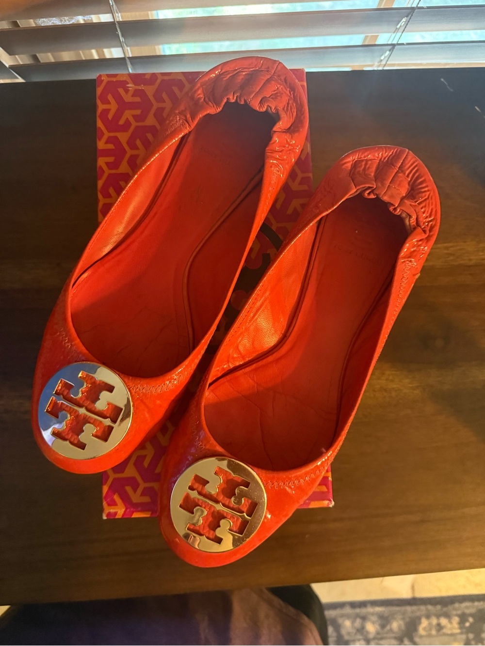 Tory Burch Bright Orange Leather Logo Ballet Flats
